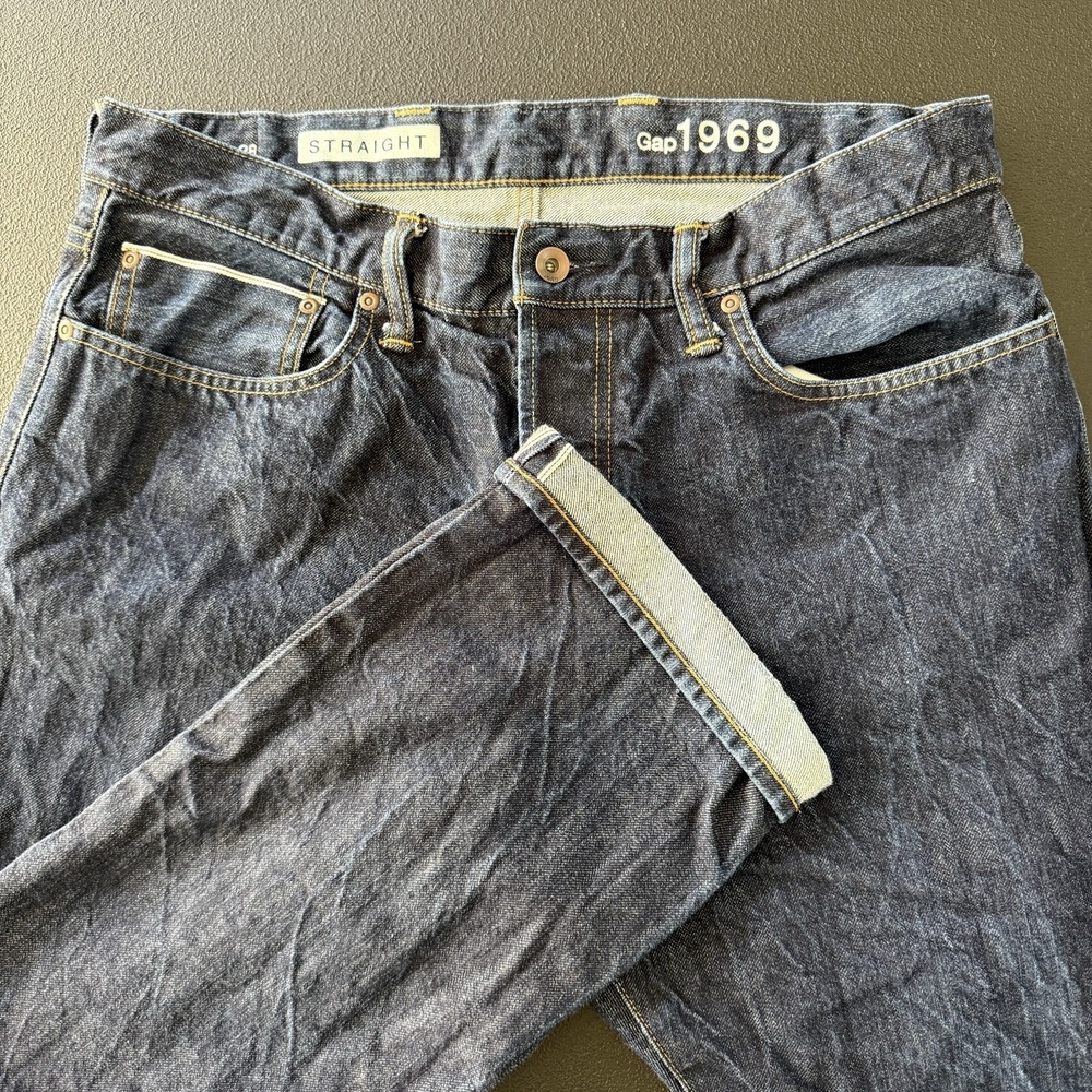 Gap 1969 Selvedge Blue Jeans 36x28 Straight Button Fly Ringspun Dark Wash